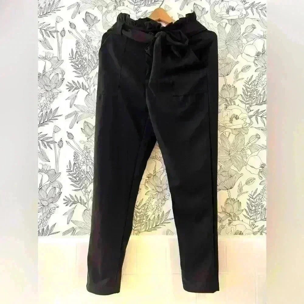 Black Paper Bag Pants with Belt